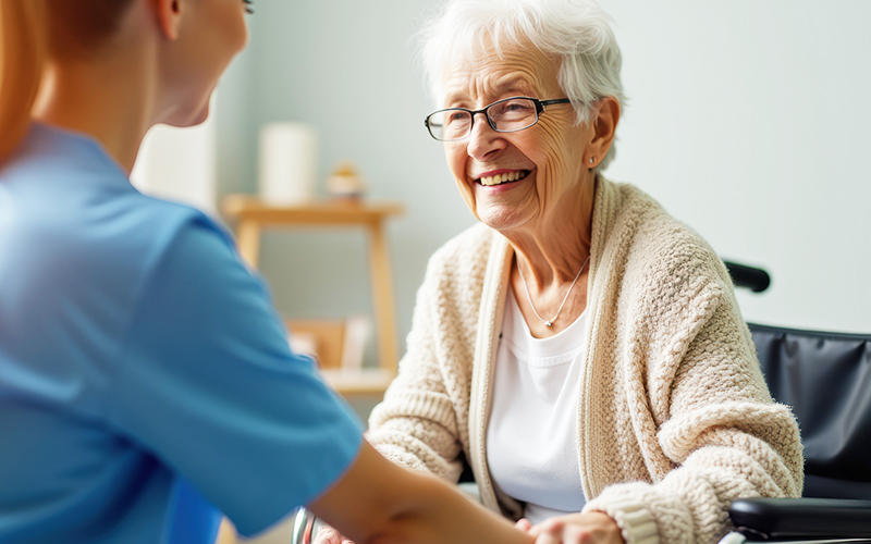 Smiling senior woman in wheelchair holding hands with a younger female caregiver.
