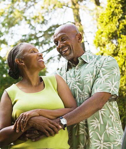 Photo of happy African American senior couple smiling in a loving embrace